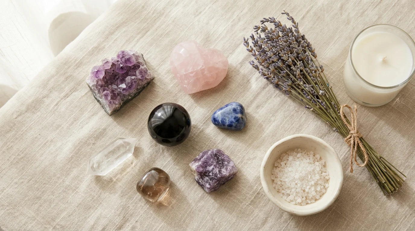 Top-down flat lay of healing crystals for anxiety relief — amethyst geode, rose quartz, selenite, lepidolite on beige linen with dried lavender
