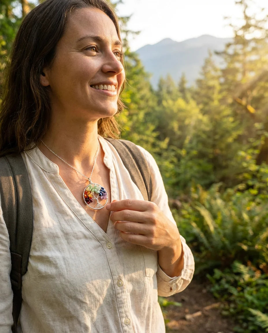 Woman wearing 7 Chakra Tree of Life pendant on a forest hike