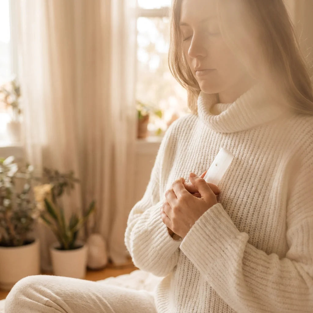 Woman Holding Selenite Wand Meditation