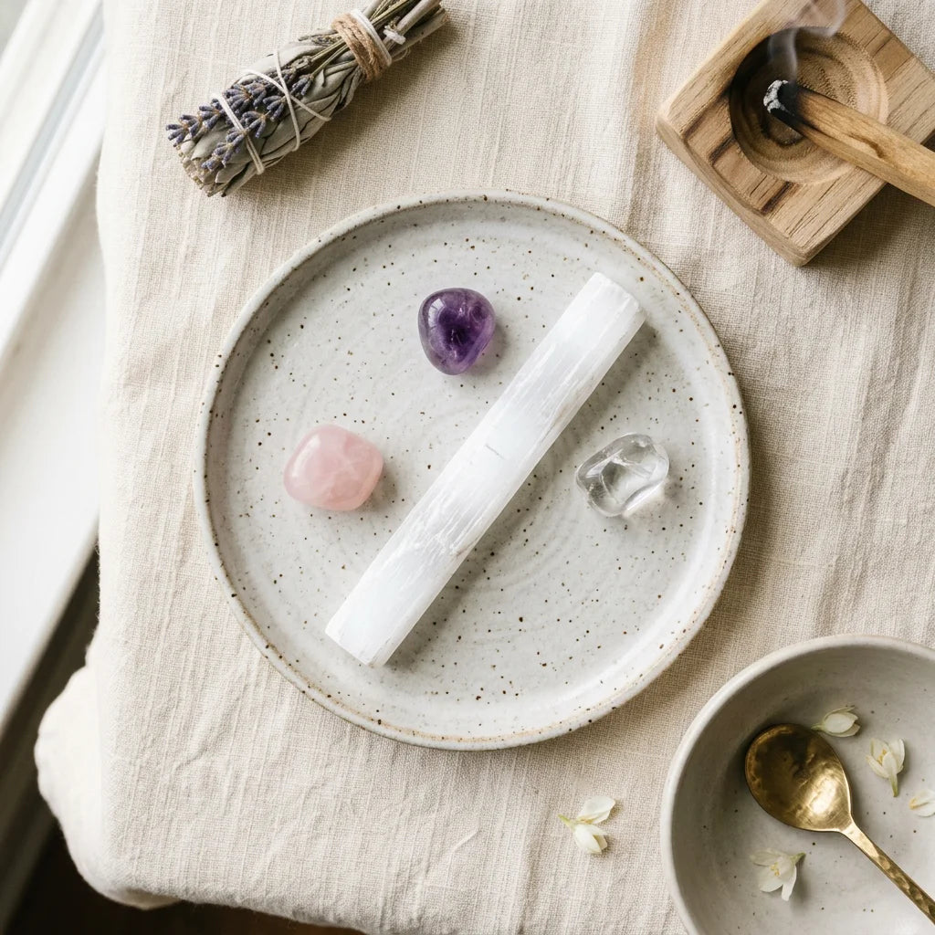 Selenite Wand Flat Lay with Tumbled Crystals