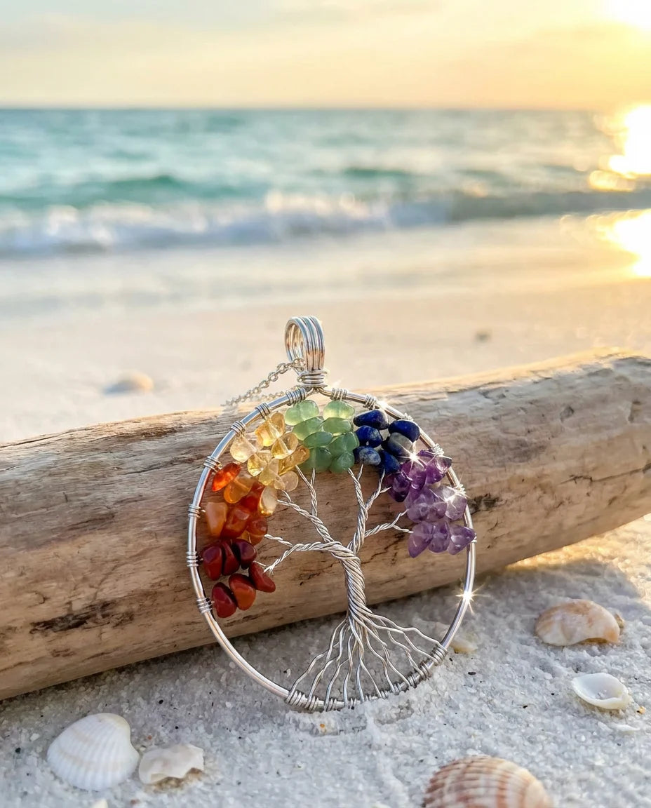 7 Chakra Tree of Life pendant on driftwood at beach sunset