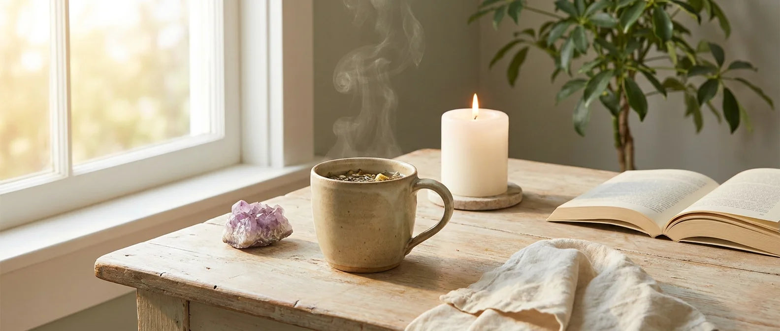A wooden tabletop in soft morning light with a beige ceramic mug, raw amethyst, lit candle, open book and woven mat — a slow morning ritual.