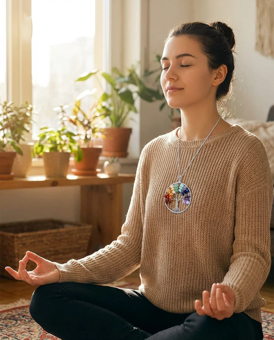 Woman wearing 7 Chakra Tree of Life pendant during home meditation