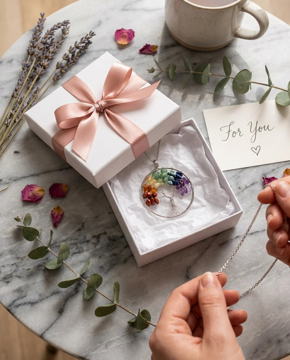 7 Chakra Tree of Life pendant in elegant gift box with ribbon