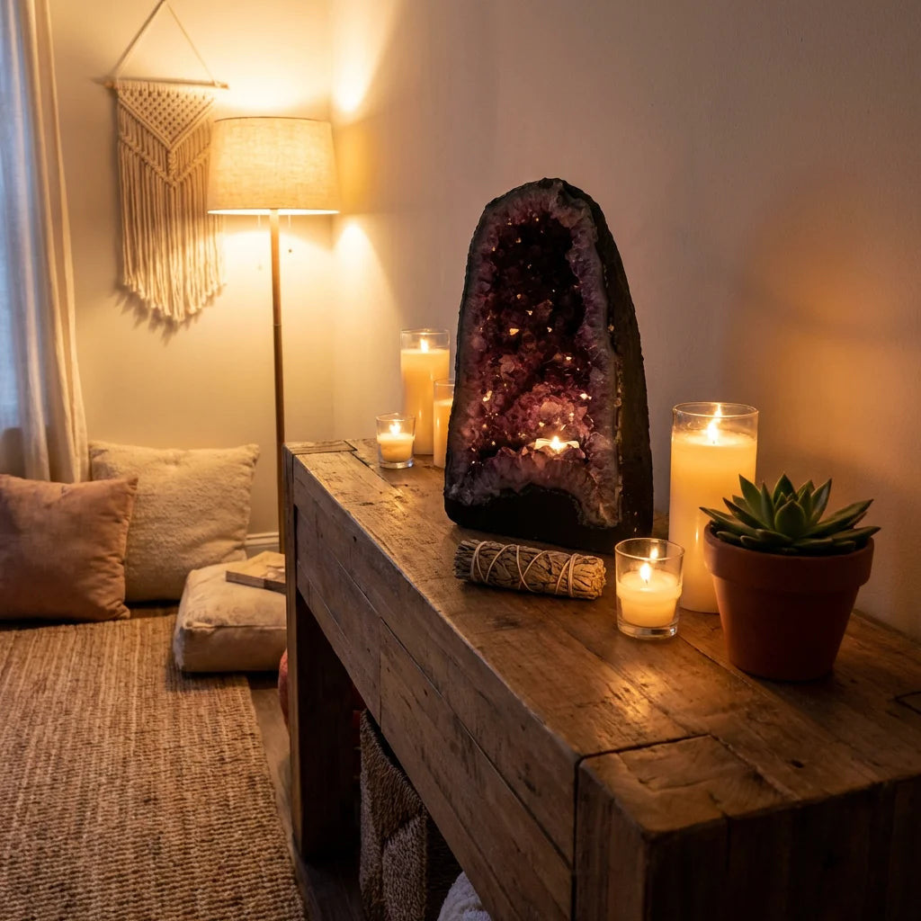 Amethyst Geode on Wooden Console