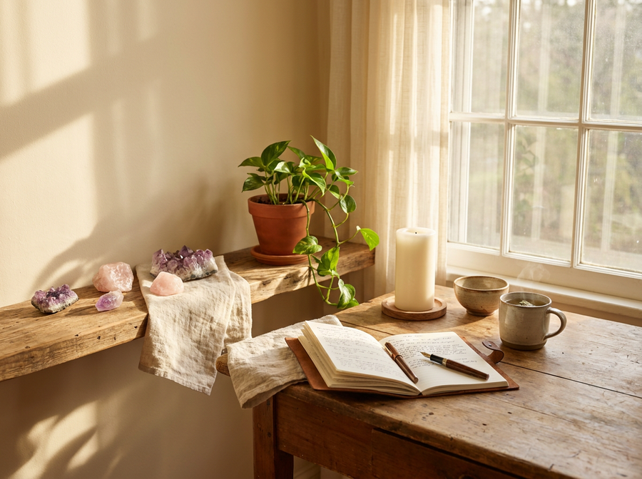 Studio corner with crystals, candle, and notebook in soft window light